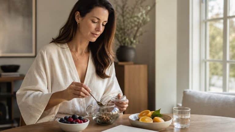 A calm editorial wellness scene with a woman preparing tea, fresh fruit, a journal, and soft morning light, representing a longevity protocol for women