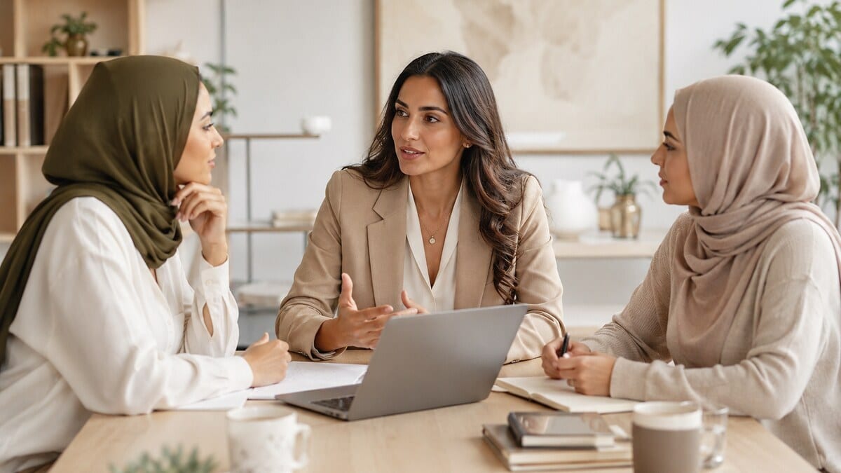 Middle Eastern Women Leadership shown through a calm editorial workspace with a laptop notebook tea natural light and professional neutral styling