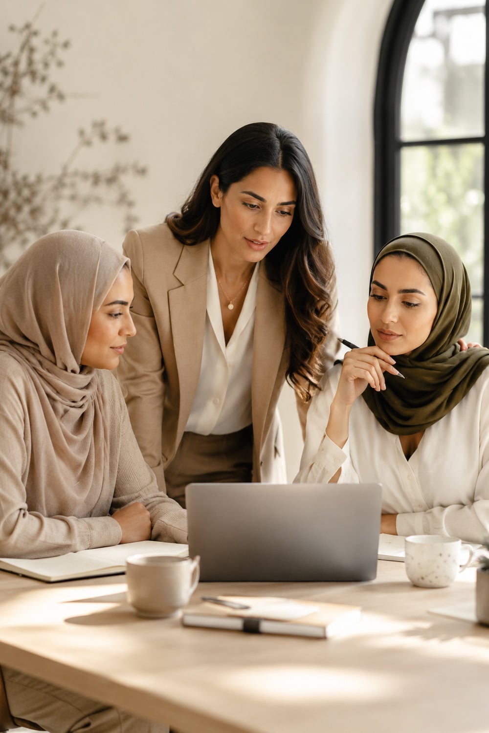 Middle Eastern Women Leadership shown through a calm editorial workspace with a laptop notebook tea natural light and professional neutral styling