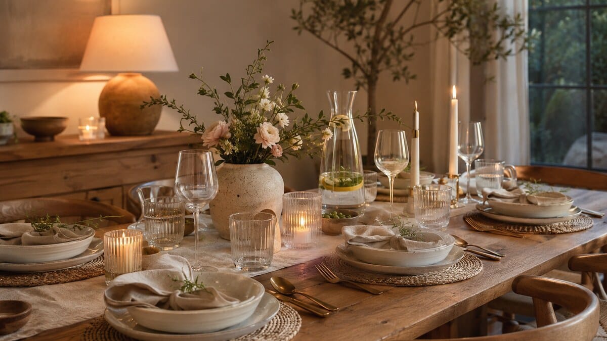 Modern Hostess Art shown through an elegant dinner table with soft lighting, neutral linens, flowers, candles, and calm editorial styling