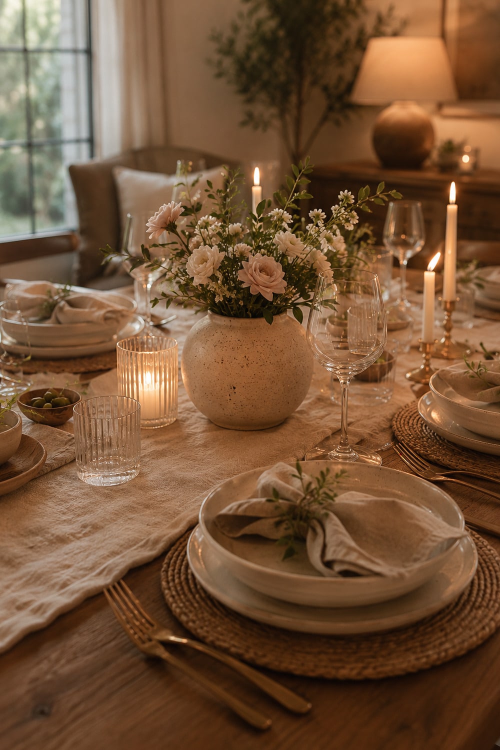 Modern Hostess Art shown through an elegant dinner table with soft lighting, neutral linens, flowers, candles, and calm editorial styling