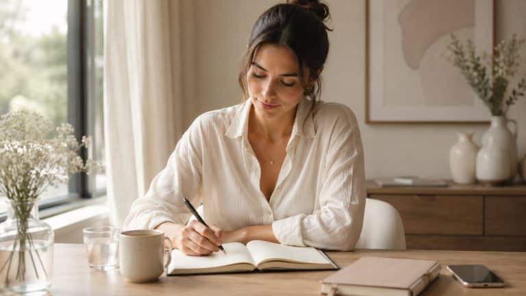 A calm editorial wellness scene showing a woman beginning a morning routine with journaling, tea, natural light, and a phone placed aside