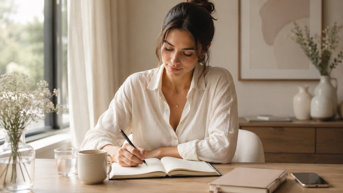 A calm editorial wellness scene showing a woman beginning a morning routine with journaling, tea, natural light, and a phone placed aside