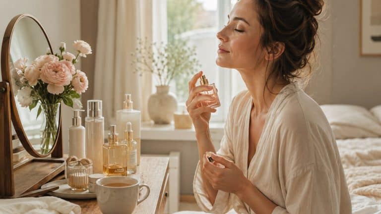 Neuro Cosmetics and Scent shown through a calm beauty ritual with perfume skincare flowers soft light and neutral styling