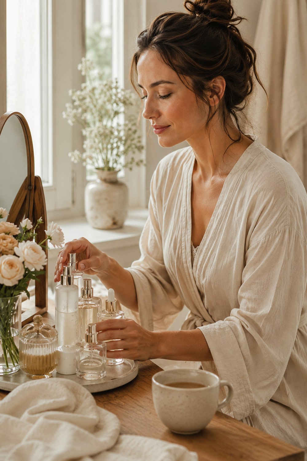 Neuro Cosmetics and Scent shown through a calm beauty ritual with perfume skincare flowers soft light and neutral editorial styling