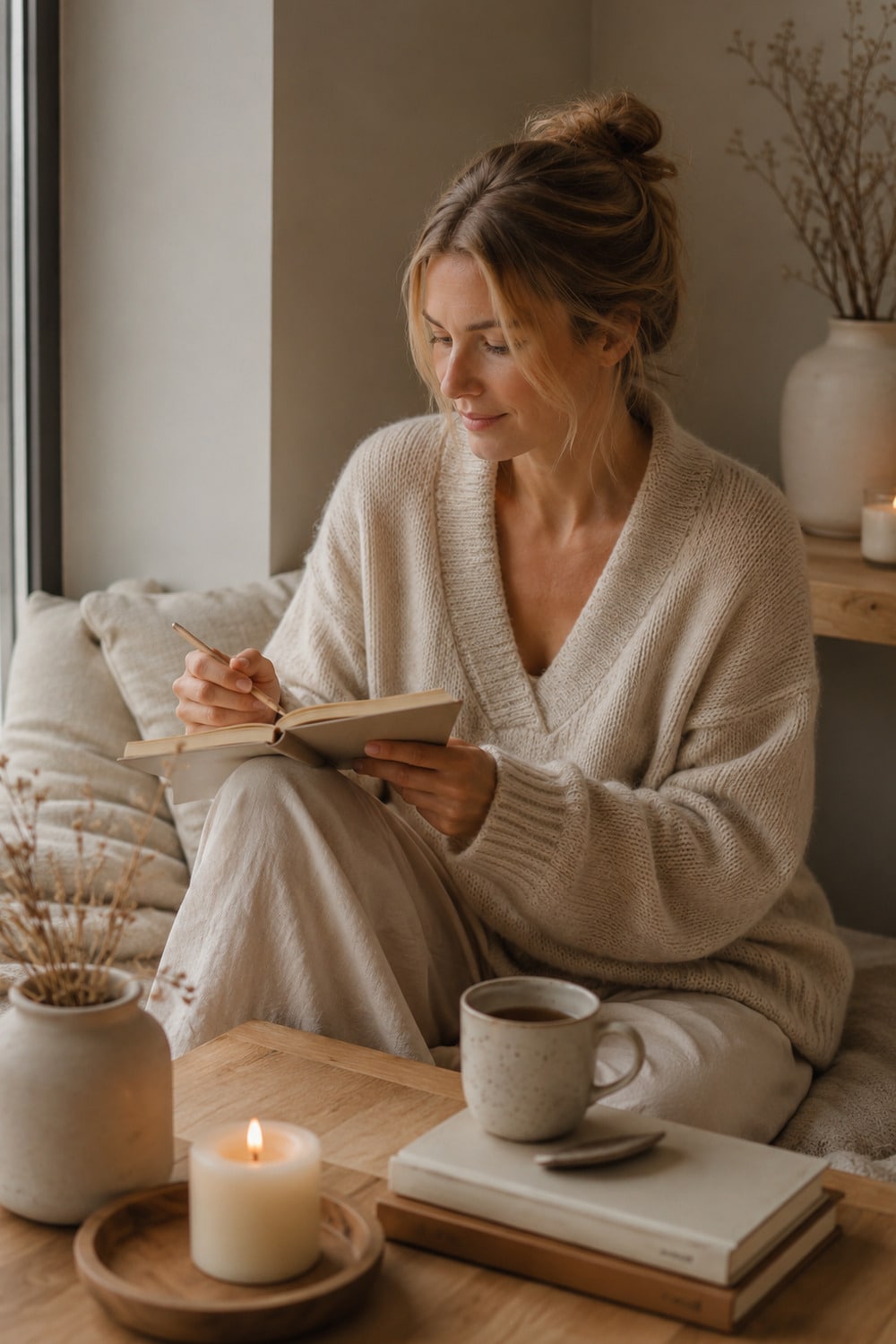 Nordic Women Success Secrets shown through a calm cozy lifestyle scene with natural light soft textiles tea books and neutral styling