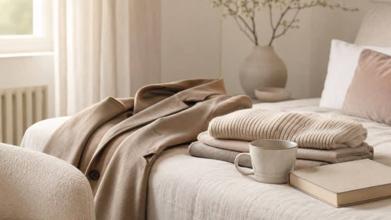 Quiet Luxury Lifestyle shown through a calm neutral home and wardrobe scene with soft fabrics, natural light, and elegant styling
