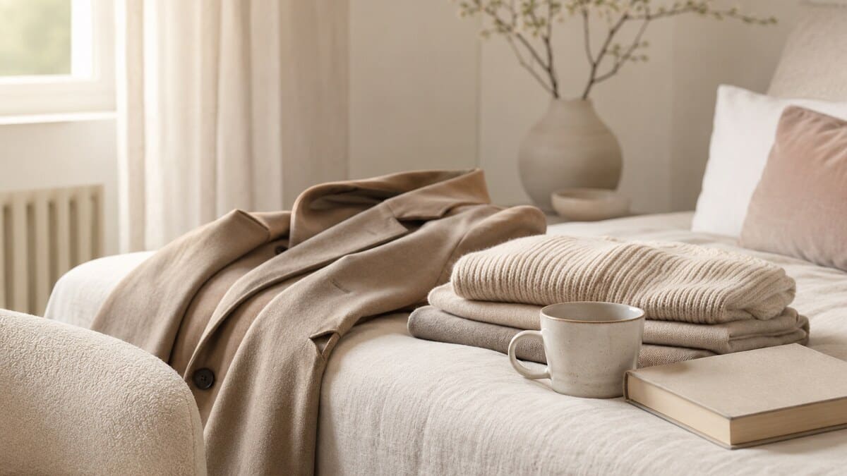 Quiet Luxury Lifestyle shown through a calm neutral home and wardrobe scene with soft fabrics, natural light, and elegant styling