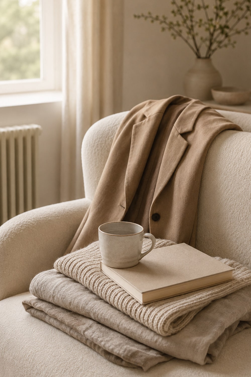 Quiet Luxury Lifestyle shown through a calm neutral home and wardrobe scene with soft fabrics, natural light, and elegant styling