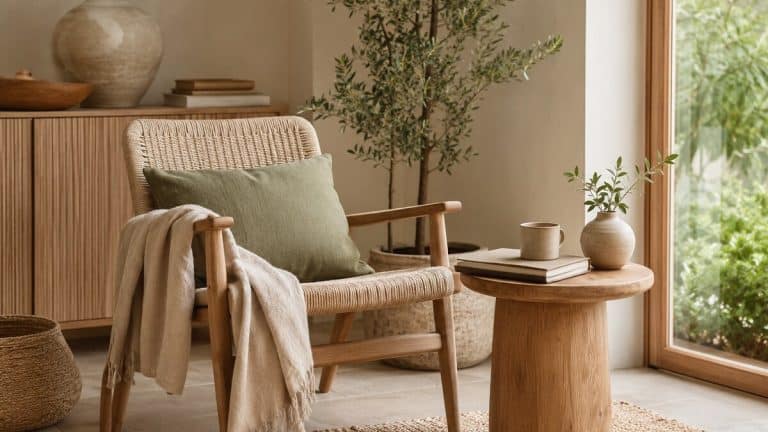Regenerative Living Luxury shown through a calm sustainable home scene with natural materials, plants, soft light, and neutral styling