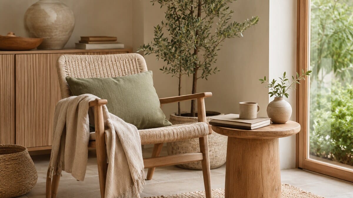 Regenerative Living Luxury shown through a calm sustainable home scene with natural materials, plants, soft light, and neutral styling