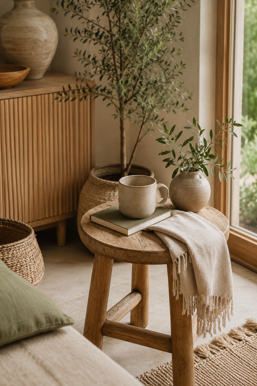 Regenerative Living Luxury shown through a calm sustainable home scene with natural materials, plants, soft light, and neutral editorial styling