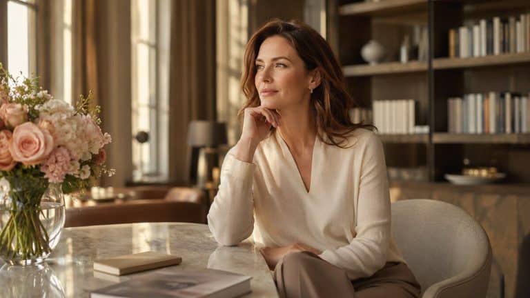 Relationship Advice For Women shown through an intelligent, confident woman seated at a polished table in a sunlit modern reading room, reflecting on healthy love