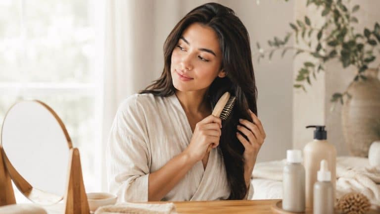 Scalp Care as Skincare shown through a calm hair care routine with a brush towel shampoo bottle soft light and neutral styling