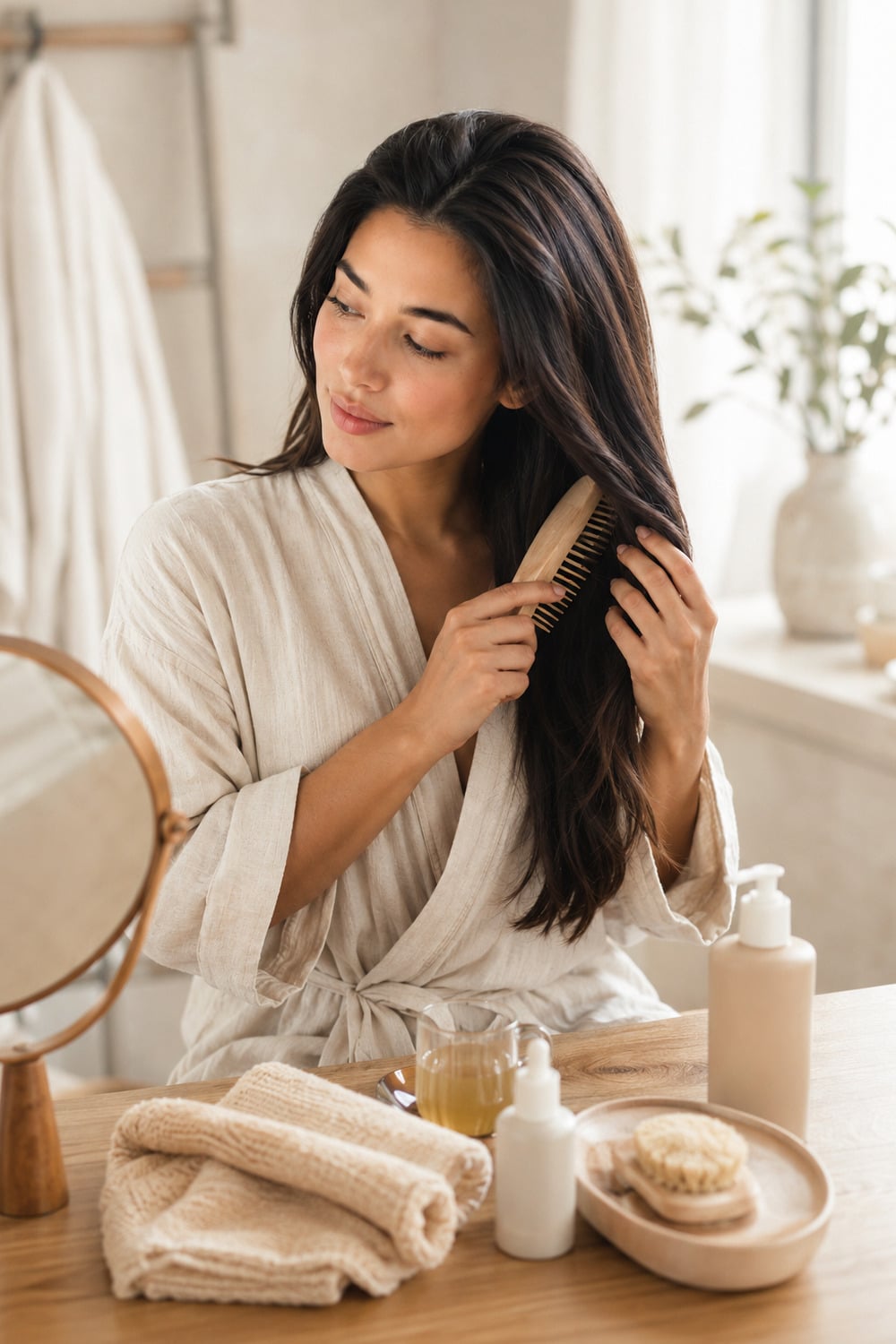 Scalp Care as Skincare shown through a calm hair care routine with a brush towel shampoo bottle soft light and neutral editorial styling