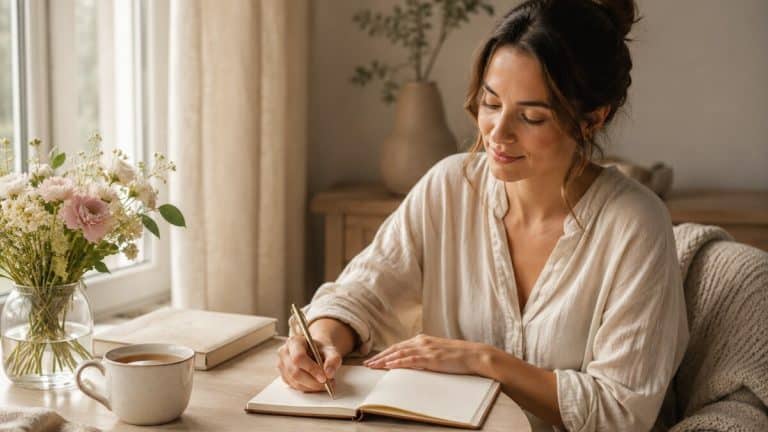 Self-Love Rituals for Women in a calm editorial wellness scene with journaling, tea, soft natural light, and neutral styling