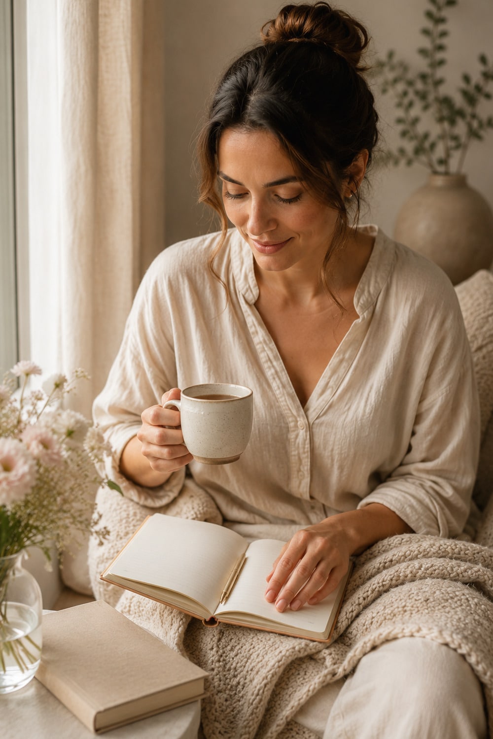 Self-Love Rituals for Women shown through a calm journaling ritual with tea, soft natural light, and neutral editorial styling