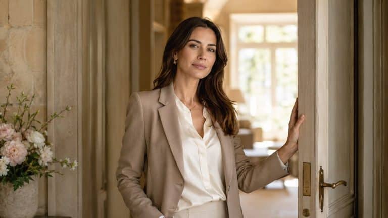 Setting Boundaries shown through an elegant woman with composed posture standing near a refined interior threshold suggesting personal space choice and emotional safety with warm natural daylight