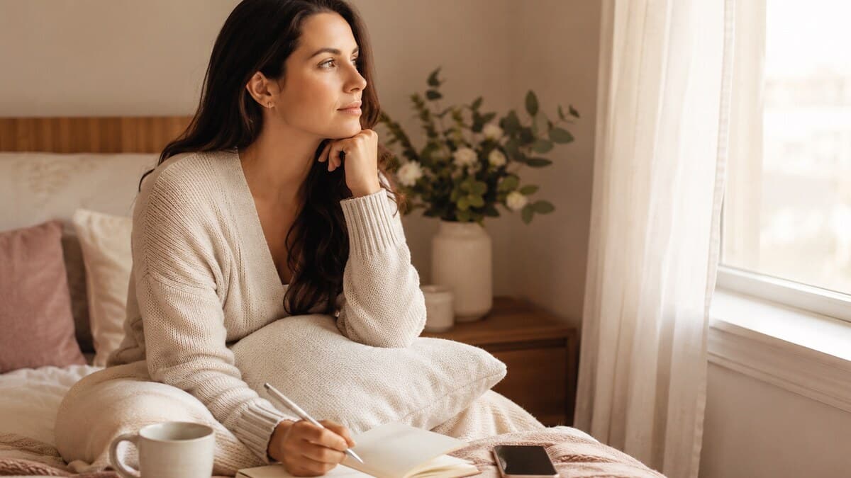 Signs He Is Losing Interest shown through a calm relationship reflection scene with a journal phone tea soft light and neutral styling