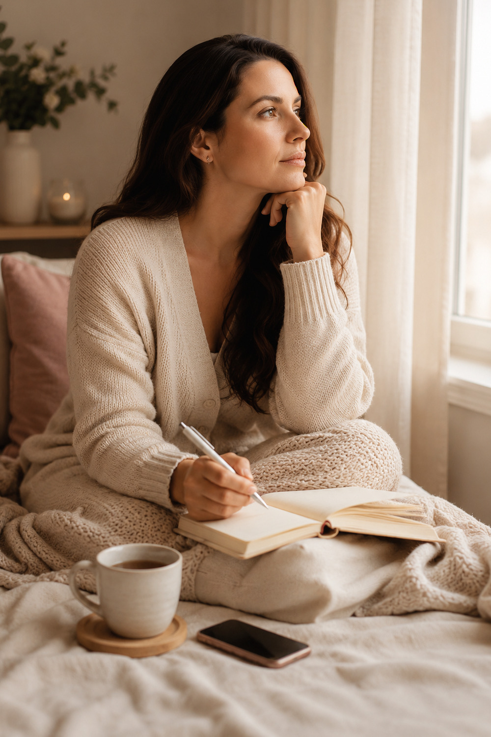 Signs He Is Losing Interest shown through a calm relationship reflection scene with a journal phone tea soft light and neutral editorial styling
