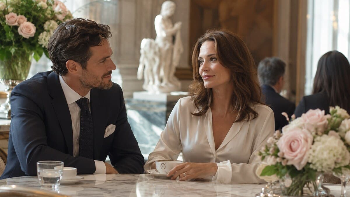 Signs He Secretly Likes You shown through a premium museum lounge scene where an emotionally radiant woman is seated with a man who is unconsciously leaned in with captivating eye contact