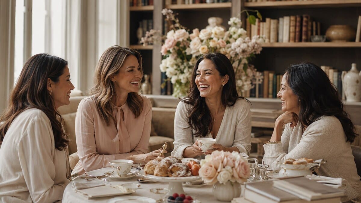 Social Circle Guide For Women shown through a premium friendship brunch scene where a small group of elegant adult women is engaged in warm conversation inside a sunlit book club lounge