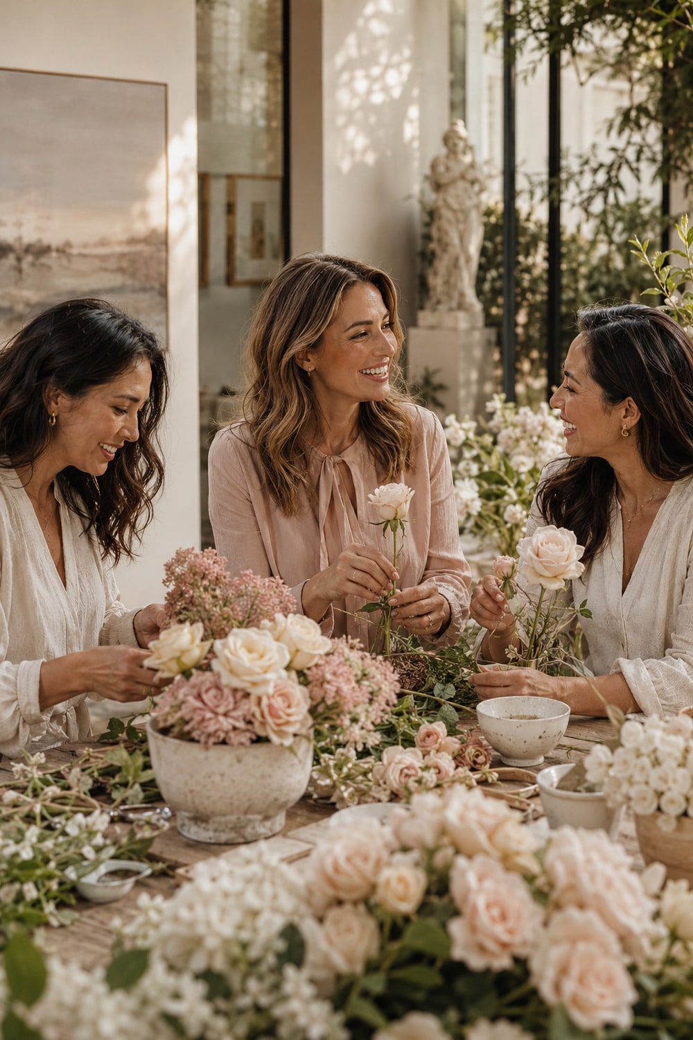 Social Circle Guide For Women captured inside a boutique flower atelier garden where a close circle of refined adult women shares a genuine friendship moment during a private sunlit workshop