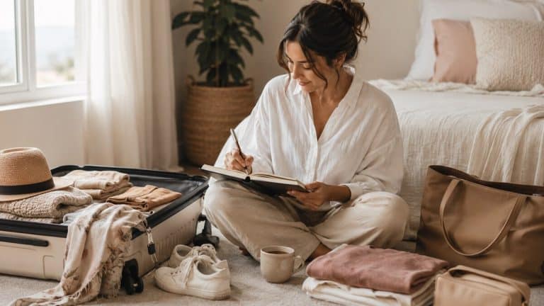 Solo Travel for the Soul shown through a peaceful travel planning scene with a suitcase, journal, tea, natural light, and neutral styling