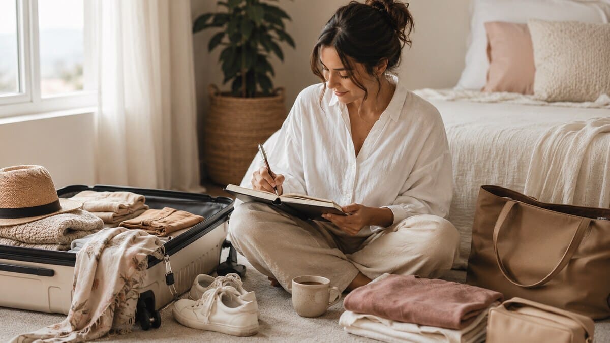 Solo Travel for the Soul shown through a peaceful travel planning scene with a suitcase, journal, tea, natural light, and neutral styling