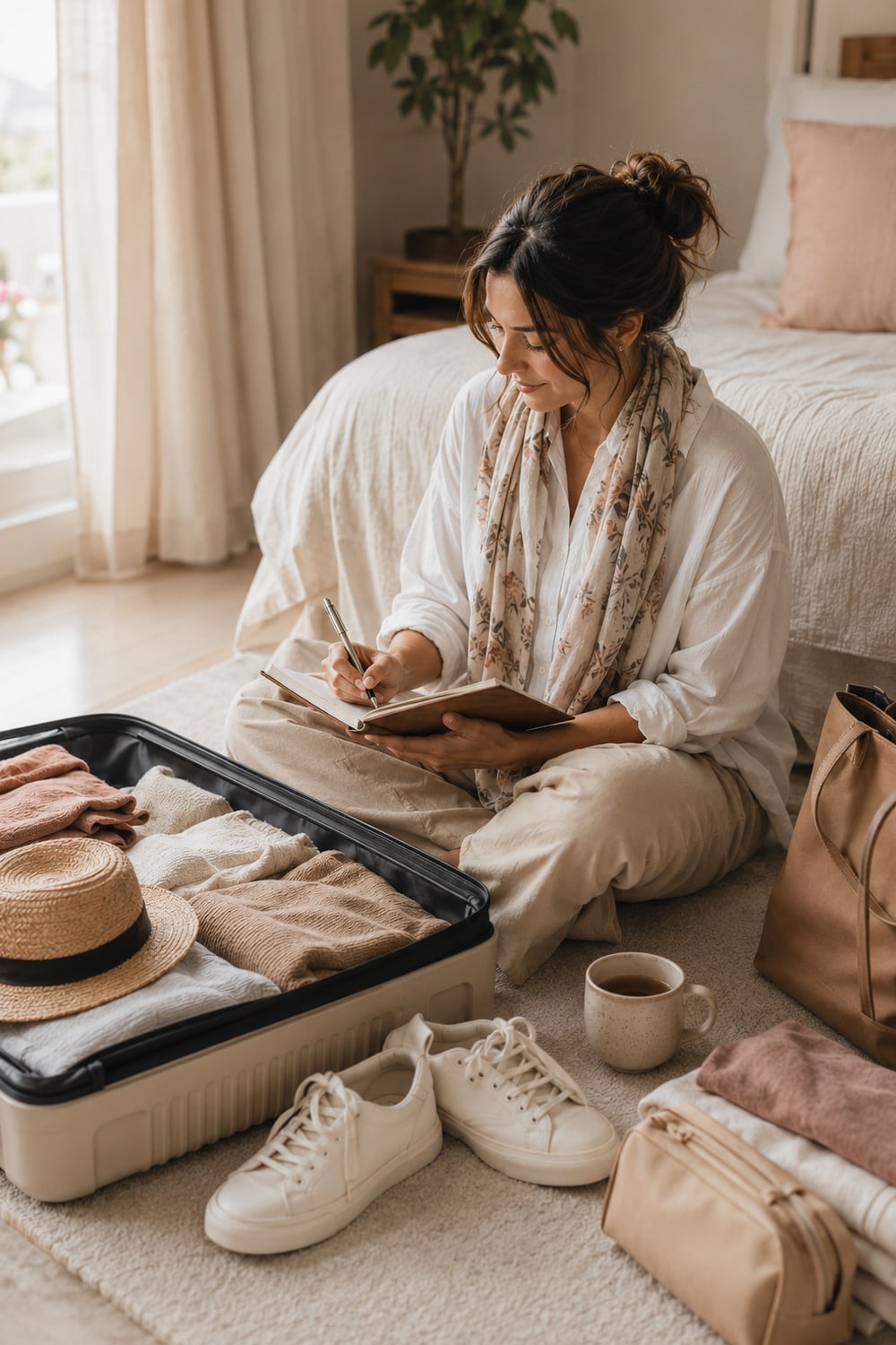 Solo Travel for the Soul shown through a peaceful travel journaling scene with a suitcase, notebook, tea, natural light, and neutral editorial styling