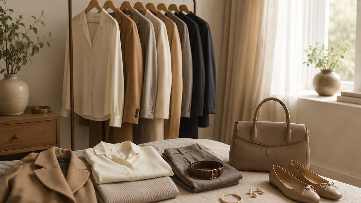 Stealth Wealth quiet luxury style shown through a calm neutral wardrobe with tailored clothing, soft fabrics, and elegant accessories