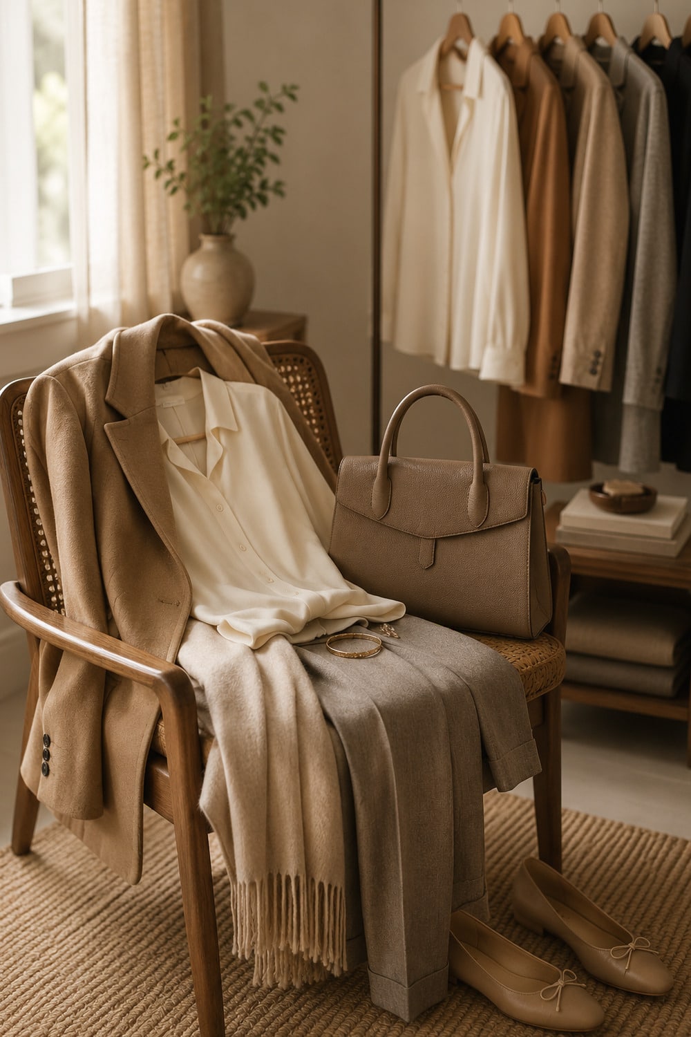 Stealth Wealth quiet luxury style shown through a calm neutral wardrobe with tailored clothing, soft fabrics, and elegant accessories