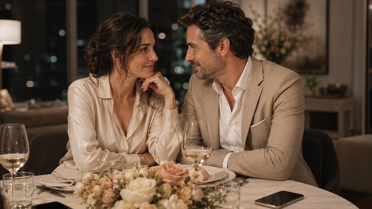 Ways To Improve Your Relationship shown through an intimate lounge dining scene where an elegant couple places phones face down to share deep eye contact and active listening