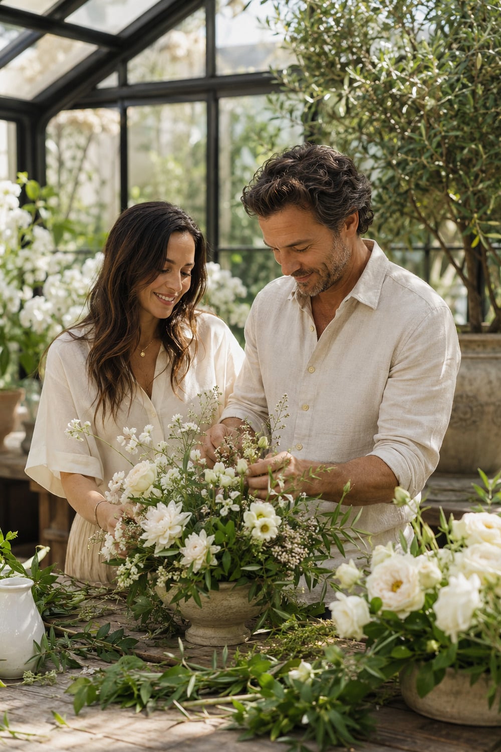 Ways To Improve Your Relationship captured in a sunlit indoor garden room with a sophisticated couple engaging in teamwork while gently arranging fresh greenery together
