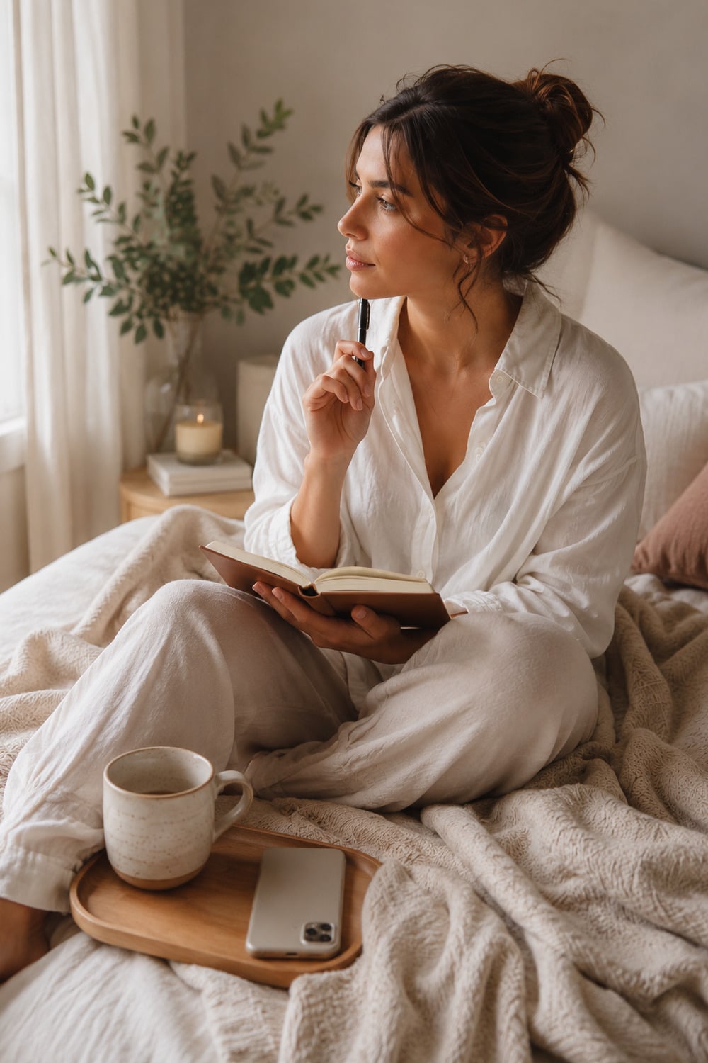 What to do when he ignores you shown through a calm relationship reflection scene with a journal, phone, tea, and soft neutral light