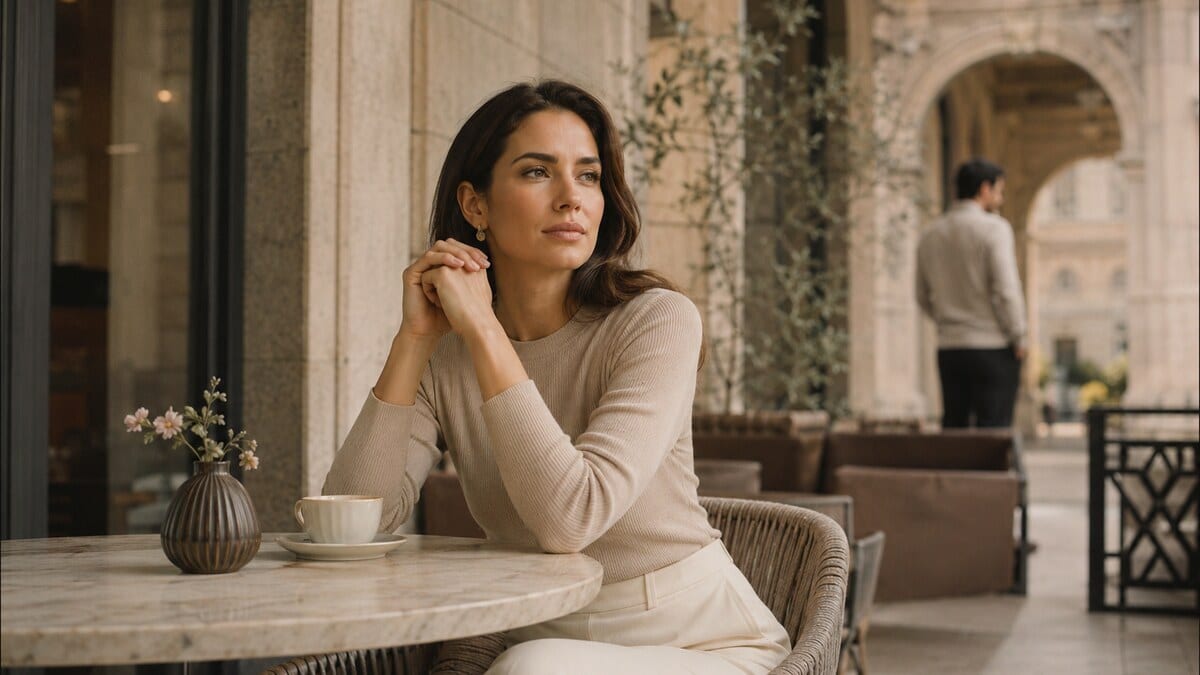 Why He Pulls Away When He Likes You shown through a premium city moment where a composed woman is seated on a terrace while a distant man stands partially turned away