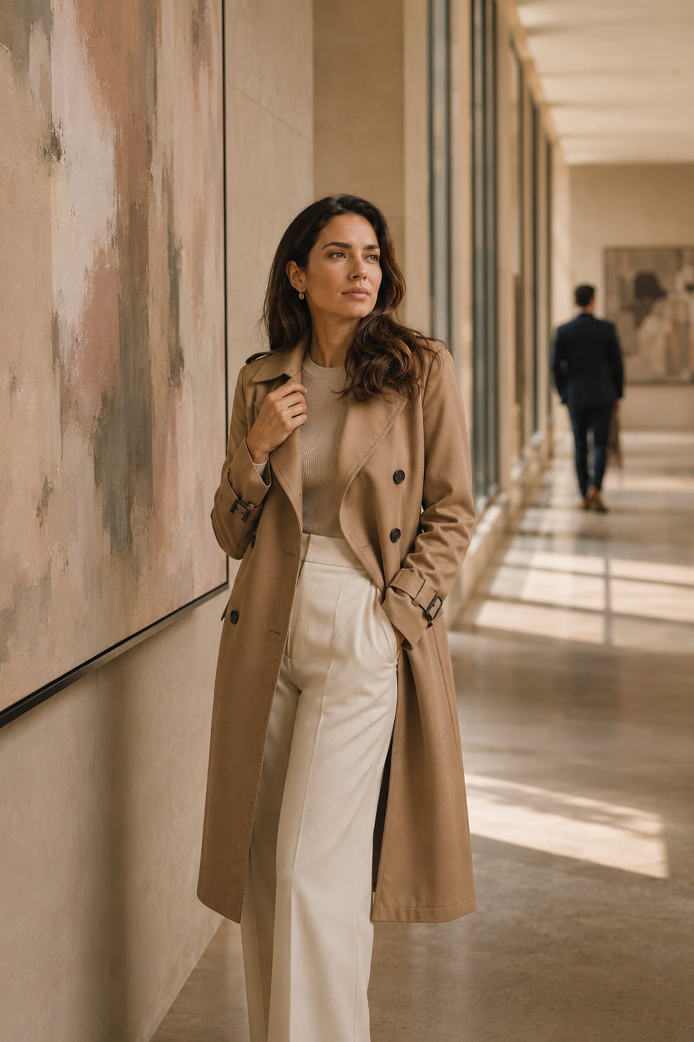 Why He Pulls Away When He Likes You captured in a modern art gallery where a sophisticated woman pauses while a distant, blurred man walks in the opposite direction
