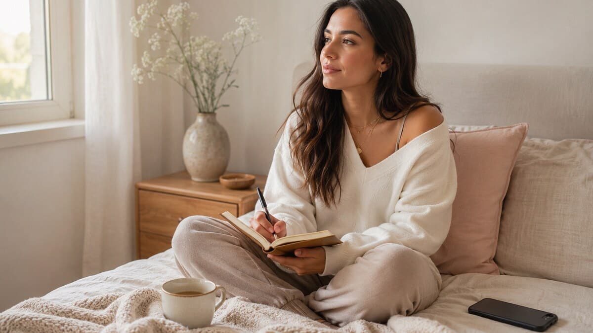 Why Men Come Back After Ignoring You shown through a calm relationship reflection scene with a journal phone tea soft light and neutral styling
