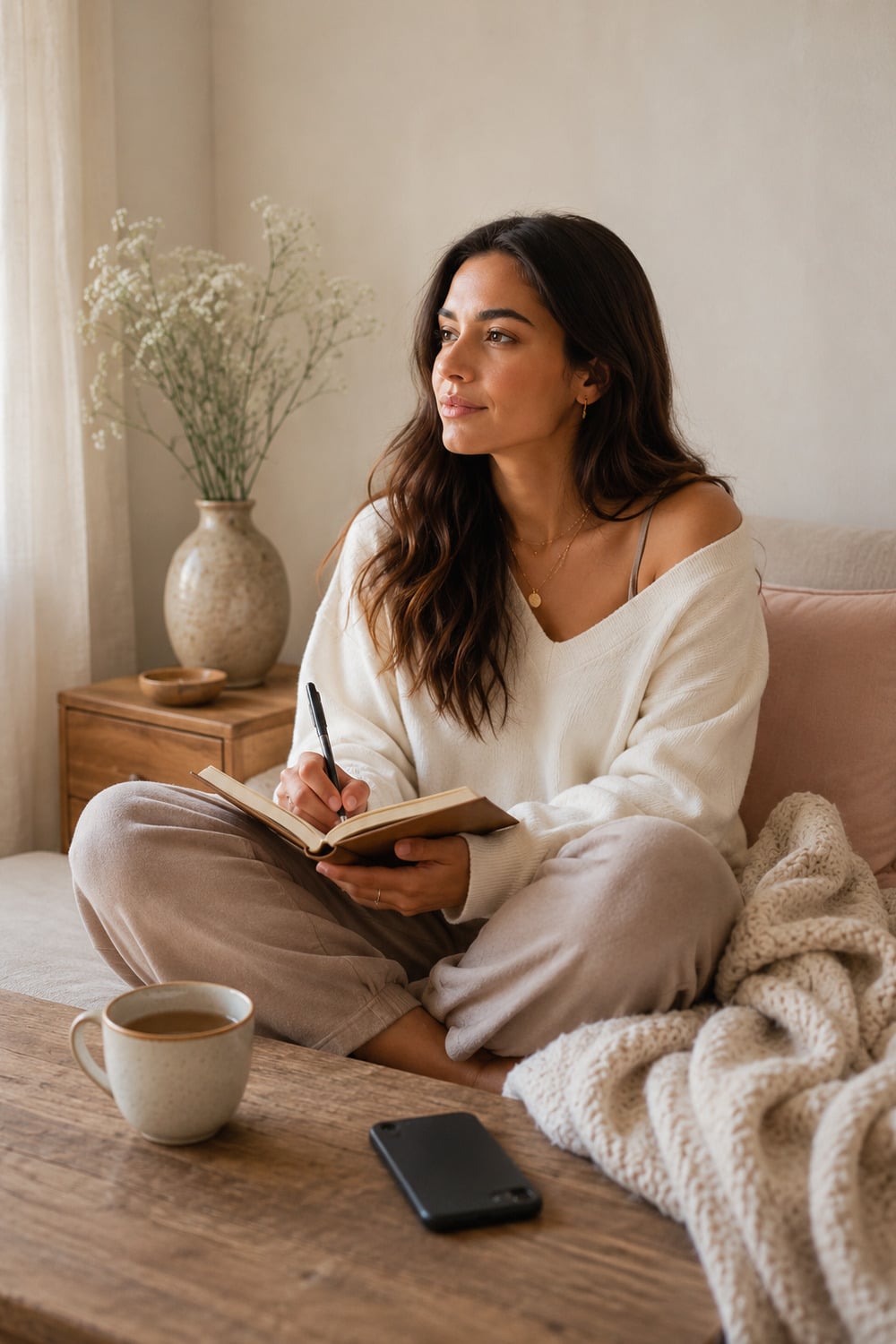Why Men Come Back After Ignoring You shown through a calm relationship reflection scene with a journal phone tea soft light and neutral editorial styling