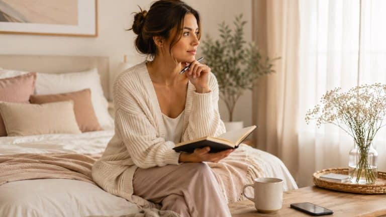 Why Men Pull Away Suddenly shown through a calm relationship reflection scene with a journal phone tea soft light and neutral styling