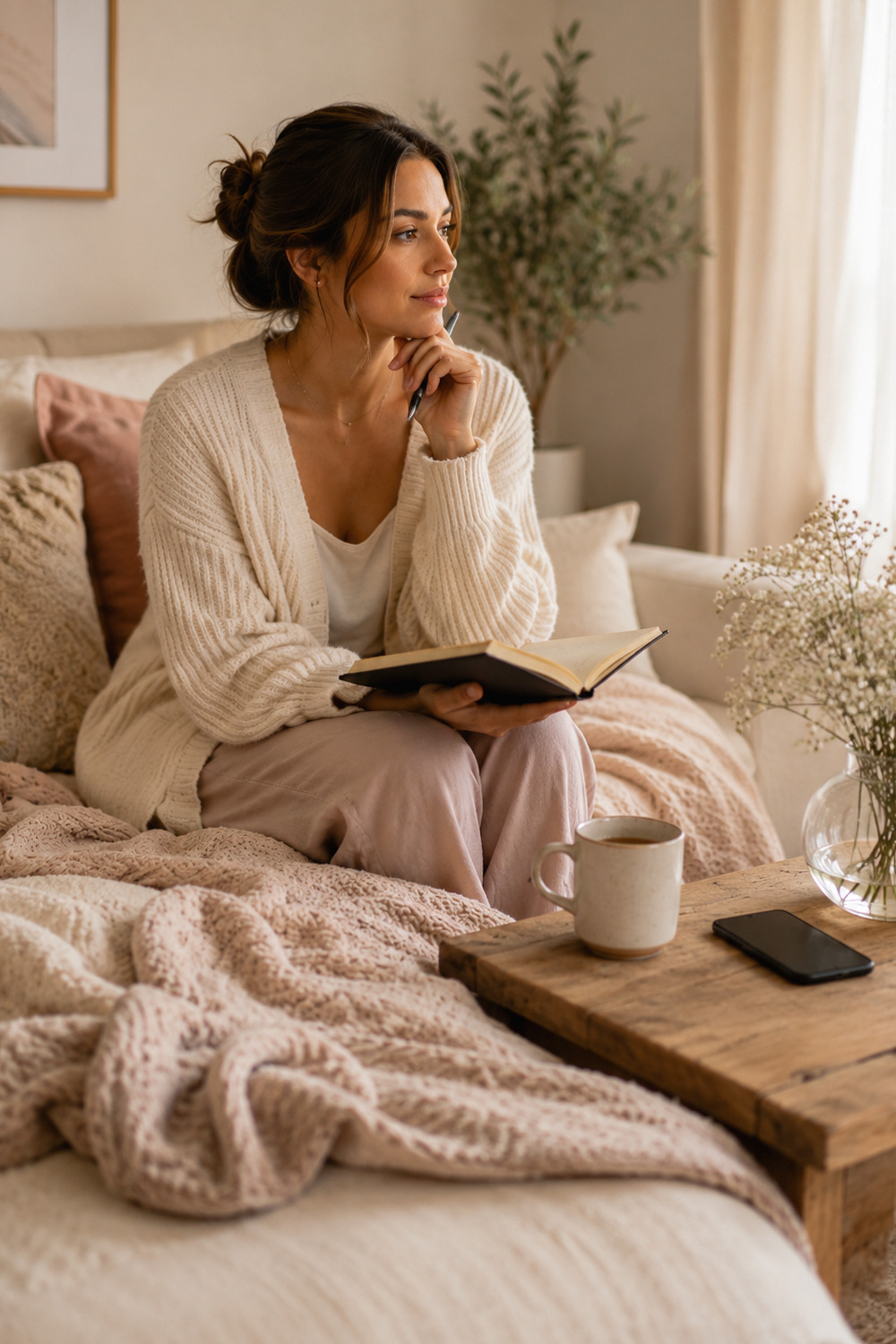 Why Men Pull Away Suddenly shown through a calm relationship reflection scene with a journal phone tea soft light and neutral editorial styling