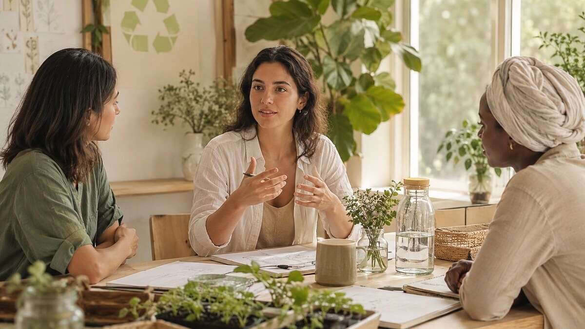 Women Environmental Leadership shown through a calm editorial scene with plants notebooks natural materials and sustainable lifestyle details