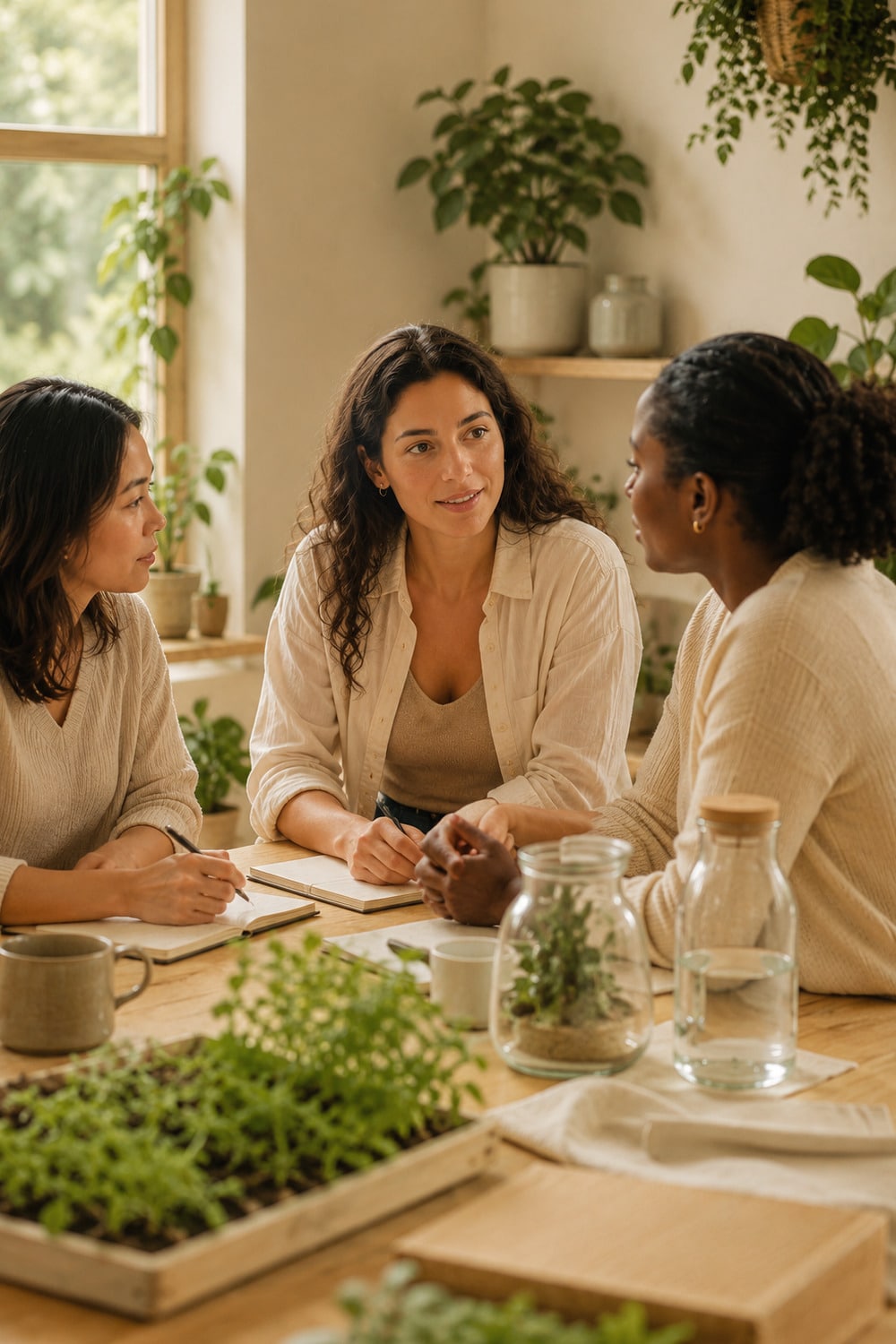 Women Environmental Leadership shown through a calm editorial scene with plants notebooks natural materials and sustainable lifestyle details