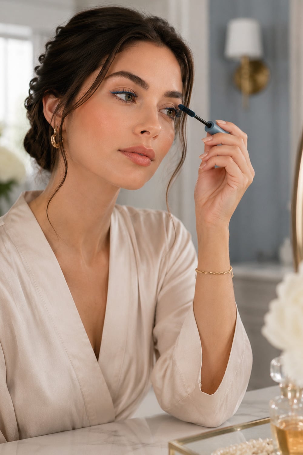 blue mascara and soft color beauty look with cool lashes and soft blush