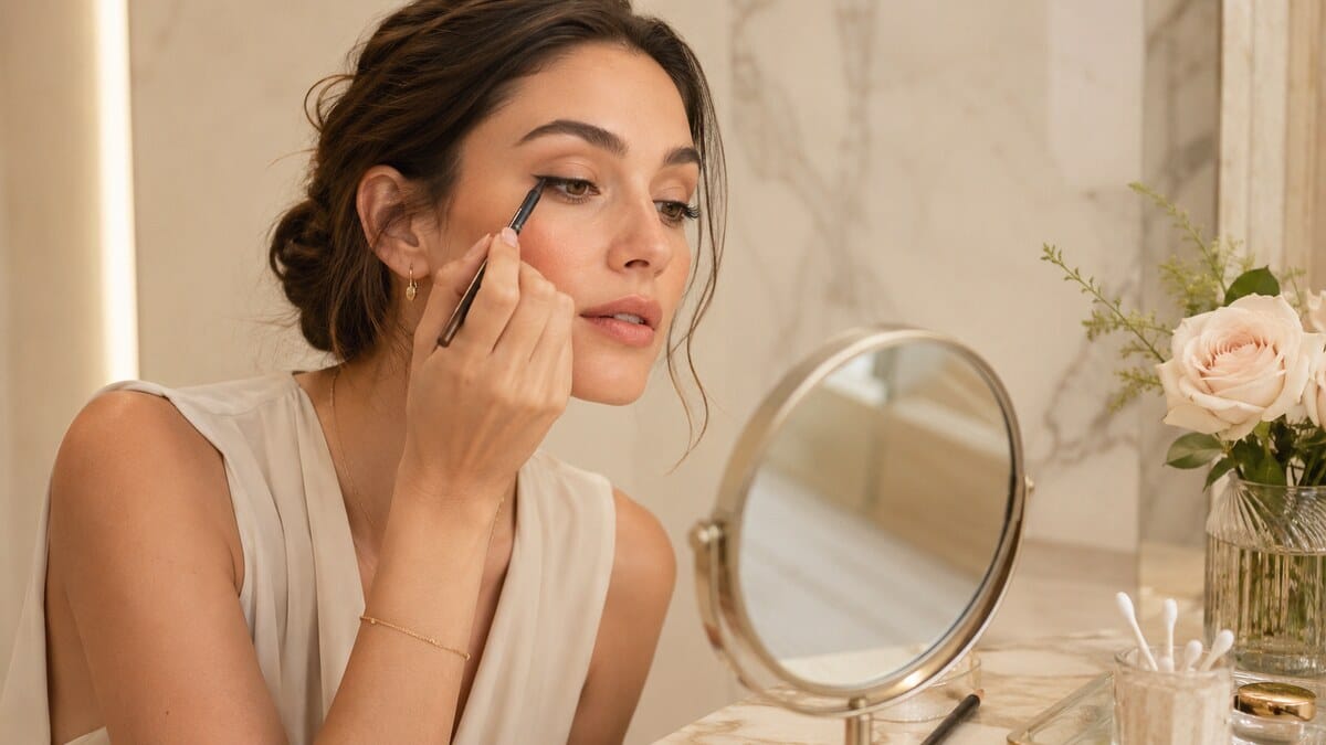 blurred eyeliner makeup with soft smudged eye definition in an elegant beauty mirror scene