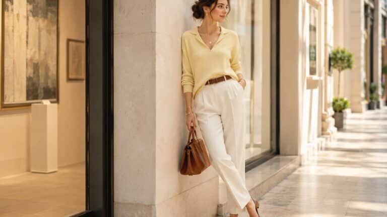butter yellow style outfit with elegant soft color and neutral wardrobe details