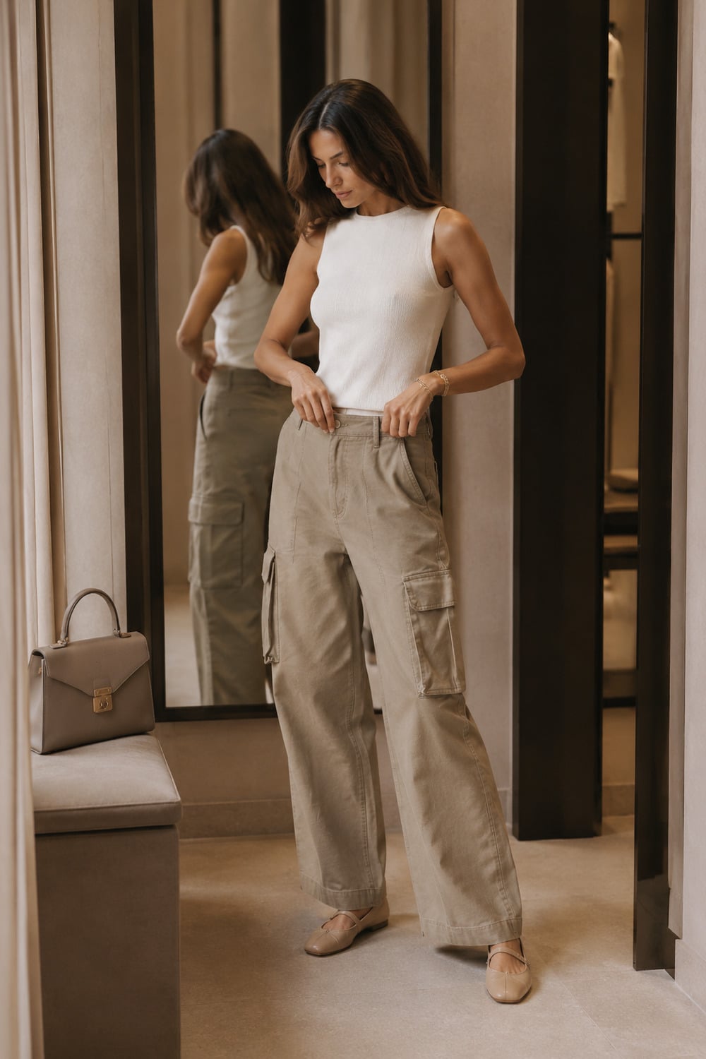 cargo pants style outfit with elegant utility dressing details