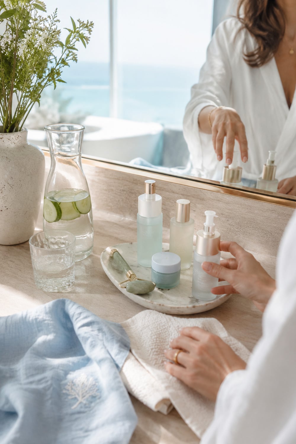 Cooling skincare routine with lightweight summer beauty habits