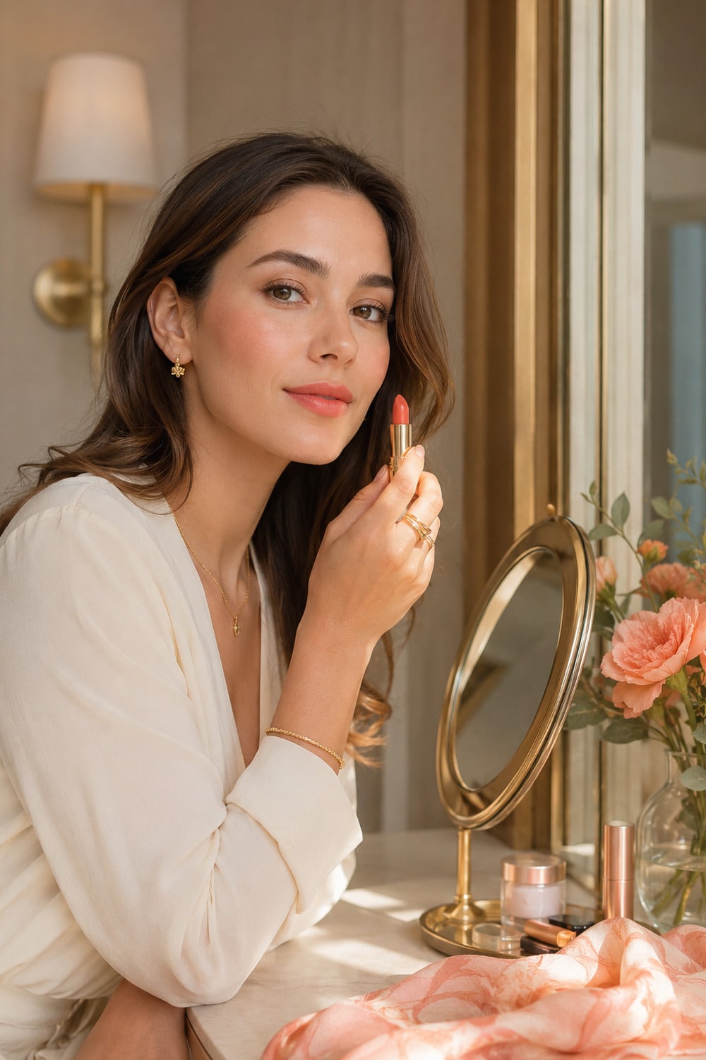 coral lipstick beauty trend with fresh elegant makeup for women