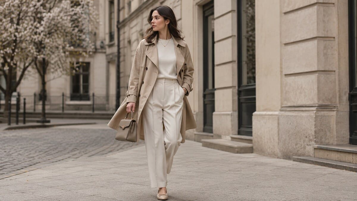 cropped trench coat style outfit on an elegant city street